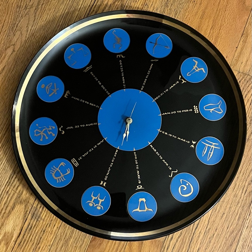 Vintage Large Mid Century Smoke Glass Zodiac Astrology Wall Clock mcm 1960’s